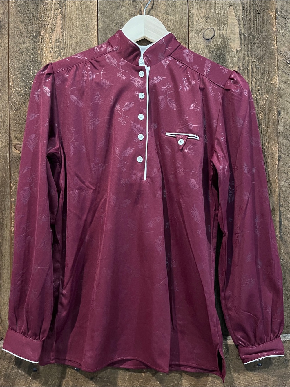 Vintage Plum Button-Down Mandarin Collar Blouse with White Trim